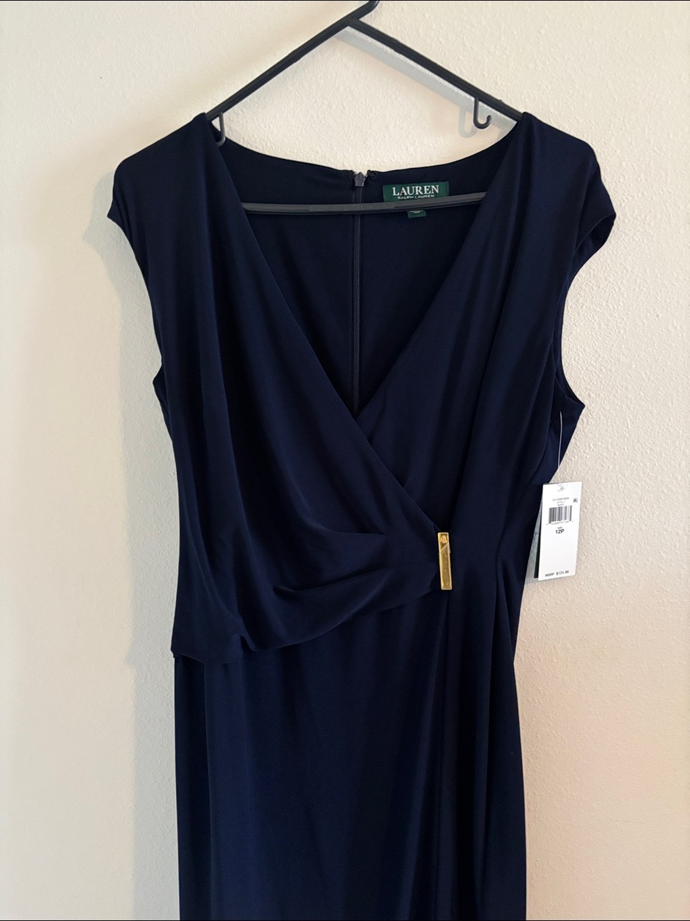 Lauren Ralph Lauren Deep Navy Cap-Sleeve Faux-Wrap Dress